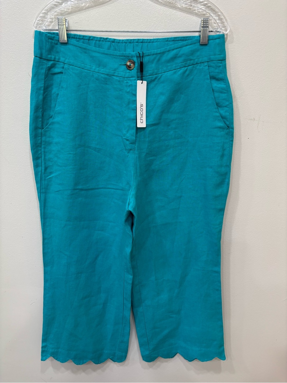 Chico’s Linen Cropped Scallop Hem Seaspray Pants Women’s Sz 1 ( U.S 8 ) NEW